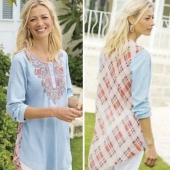 Soft Surroundings Work of Heart Chambray Tunic Top Embroidered EUC Size Small - Picture 1 of 4